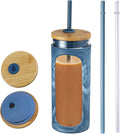 Kodrine 20oz Glass Tumbler with Straw and Lid, Iced Coffee Cups with Bamboo Lids, Glass Cups for Cold Drinks, Smoothie Cup with Silicone Sleeve for Travel, Work, BPA FREE-Blue