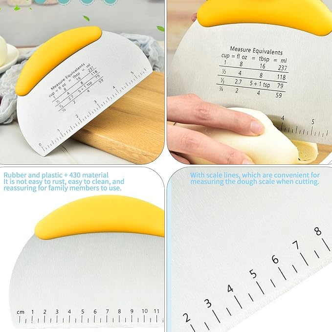 2PCS Dough Scraper Pastry Cutter Dough Cutter Stainless Steel Mirror Polished with Measuring Scale Multipurpose- Cake, Pizza Cutter Pastry Bread Separator Scale Knife (Yellow)