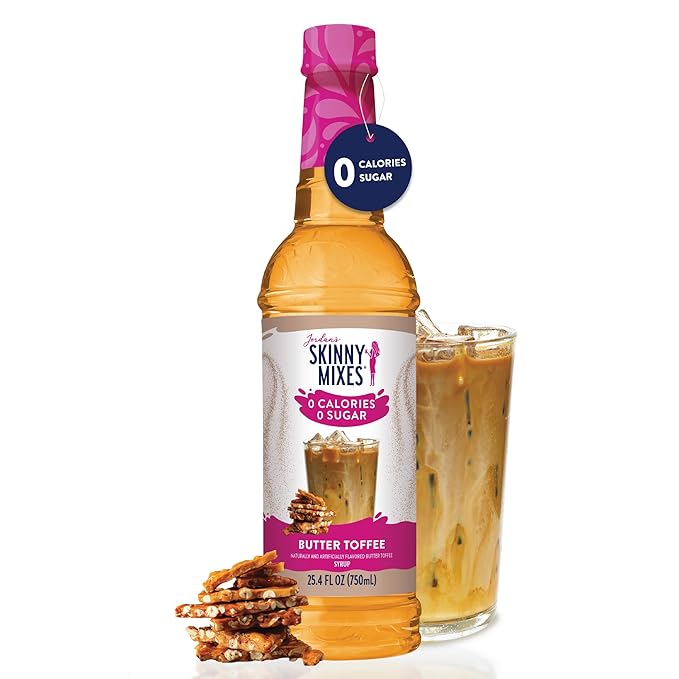Jordan's Skinny Syrups Sugar Free Coffee Syrup, Butter Toffee Flavor Drink Mix, Zero Calorie Flavoring for Lattes, Protein Shake, Food & More, Gluten Free, Keto Friendly, 25.4 Fl Oz, 1 Pack