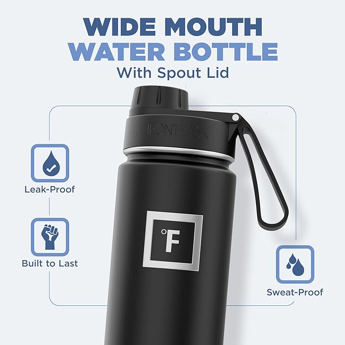 IRON °FLASK Camping & Hiking Hydration Flask with 3 Lids - Stainless Steel, Double Walled & Vacuum Insulated Water Bottle - Leak Proof & BPA Free (Black Marquina, Spout - 22 oz)