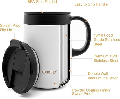16oz Coffee Mug Cup with Handle, Insulated Stainless Steel Coffee Cup with Lid, Hot and Cold Beverages, Double Walled Vacuum Coffee Thermal Mug for Women and Men, White