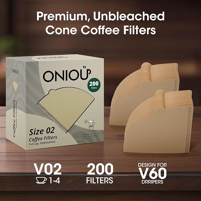 V60 Coffee Filters 02, ONIOU Unbleached Size 02 Cone Coffee Filters, 200 Count Natural Brown Pour Over Paper Filters for Hario V60 & Others 1–4 Cup Coffee Dripper