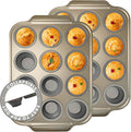 2 Pieces Carbon Steel 12 Hole Press Baking Silicone Cake Molds, Cupcake Baking Slices (12 Regular Sizes), Muffin Baking Sheets (Easy to Pop), Oven Safe Nonstick Non-Toxic Baking Pan