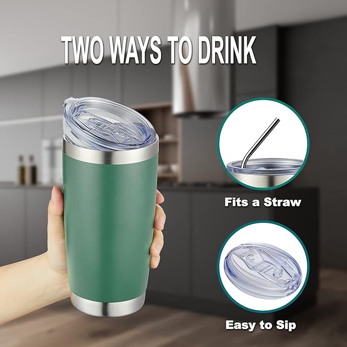 COMOOO 20oz Double Wall Vacuum Insulated Travel Mug, Stainless Steel Tumbler with Lid and Straw Durable Powder Coated Insulated Coffee Cup for Cold & Hot Drinks（Dark Green, 6 Pack