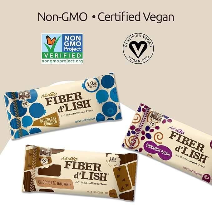 NuGO Fiber d'Lish Cinnamon Raisin, 12g High Fiber, Vegan, 150 Calories, 1.6 Ounce , 16 Count(Pack of 1)