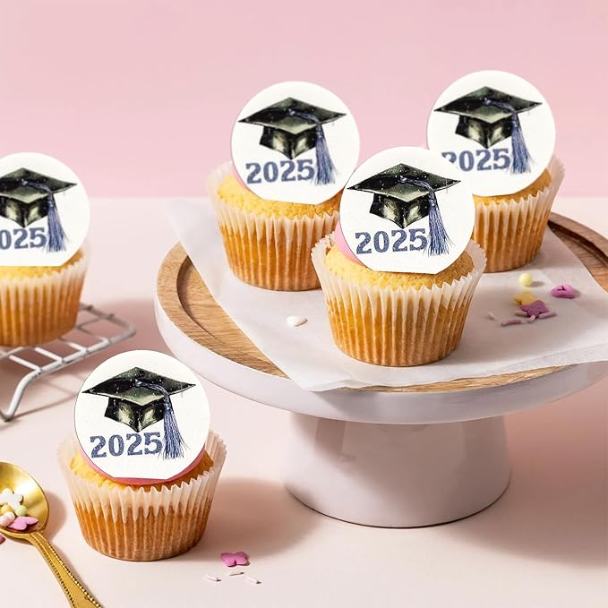 Gyufise 48Pcs Edible 2025 Graduation Cap Cupcake Toppers Wafer Paper Class of 2025 Grad Cap Cupcake Picks for 2025 Graduation Theme Party Cake Decorations Supplies Purple