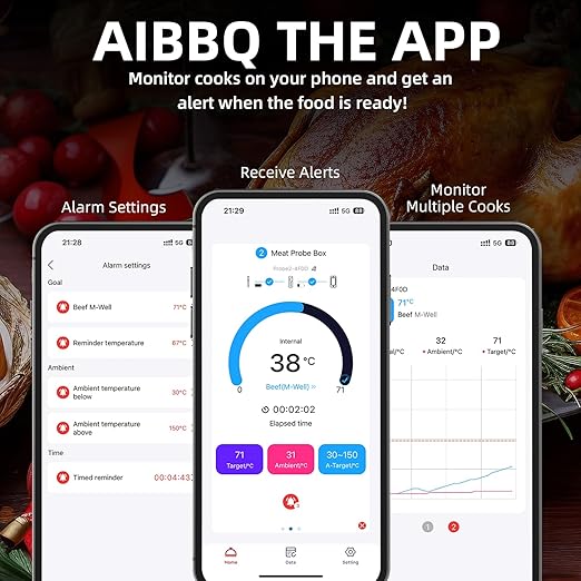 Amsau Wireless Smart Meat Thermometer with Bluetooth | Long Range | Measures Internal & Ambient Temp | for BBQ, Oven, Grill, Kitchen, Smoker, Rotisserie (Black)
