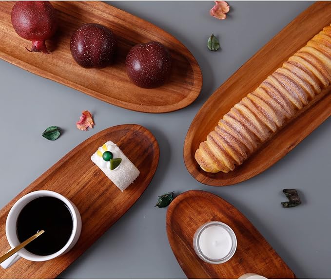 2PCS Wooden Tray Wood Serving Tray with Handle Large Serving Plates Acacia Solid Wood Appetizer Plates Multi-Use Oval Acacia Plates for Appetizer for Snack(Large 20.5“ and 16.5"
