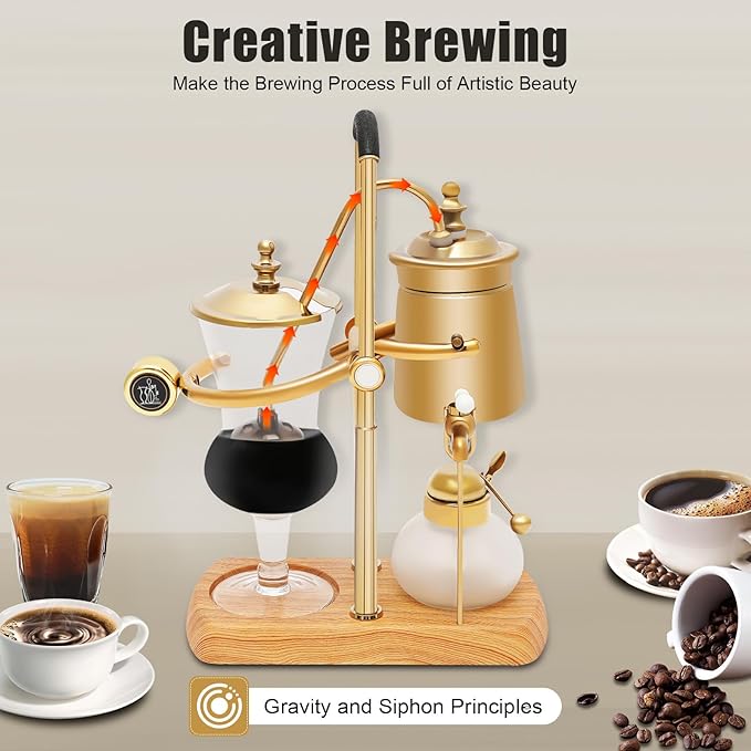 Balance Siphon Coffee Maker, Coffee Brewer Vintage with Alcohol Burner Bottle and Measuring Cup Spoon, 400ml Gravity Coffee Maker for Personal Kitchens Coffee Shops (Gold)