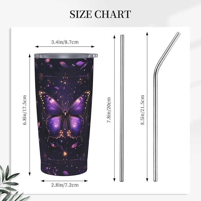 Butterfly Tumbler with Lid and Straw 20oz Coffee Tumblers Leakproof Stainless Steel Travel Mug Vacuum Insulated Cup for Iced and Hot
