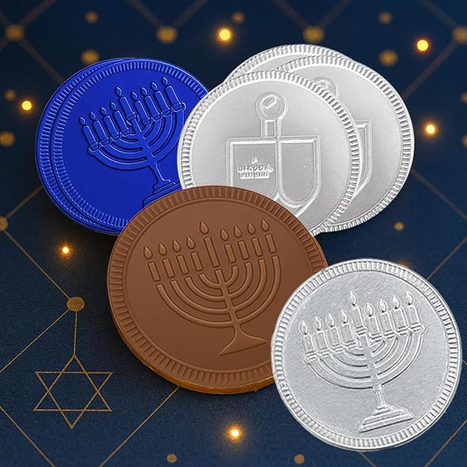 The Dreidel Company Blue & Silver Hanukkah Milk Chocolate Coins, Hanukkah Design Gelt, Gluten Free, Non GMO, Kosher Certified OU-D (25-Pack)