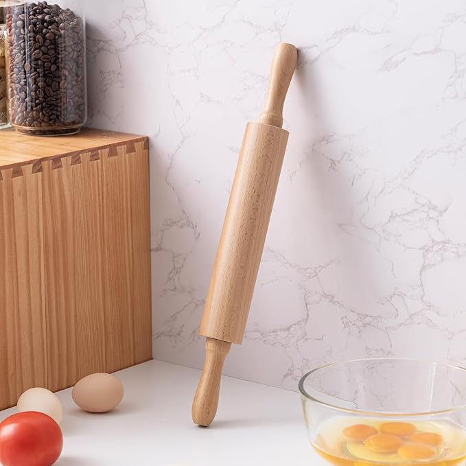 AISOSO Rolling Pins for Baking, 15.75 Inches Wooden Rolling Pin with Handles, Classic Nonstick Dough Roller for Fondant Pizza Pie Crust Cookie Pastry, Kitchen Baking Essentials, Light Yellow