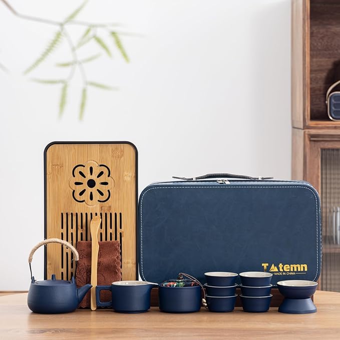 Travel tea set,Portable ceramic tea set,Chinese tea set,Tea sets for adults,Tea pot sets,Portable Travel Bag,Home,Gifting,Outdoor and Office,茶具 (Blue)