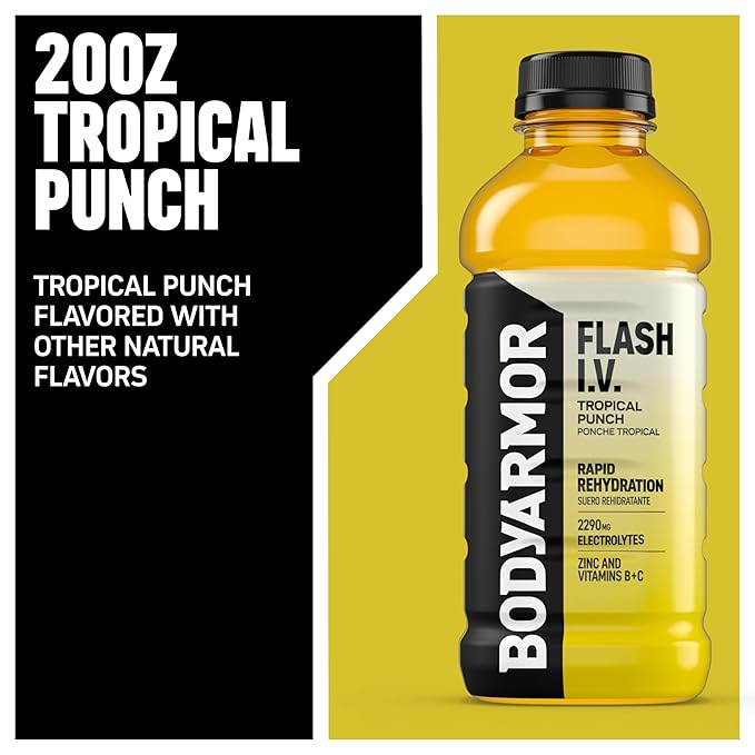 BODYARMOR Flash I.V. Electrolyte Beverage, Tropical Punch, Hydration Drink with Coconut Water For Rapid Rehydration, Post Workout Recovery, 20 Fl Oz (Pack of 12)