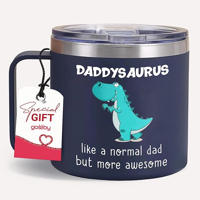 Gossby Gift for Dad - 14oz DADDYSAURYS Insulated Coffee Tumbler Mug - Father's Day, Christmas, Birthday Gift for Dad from Daughter, Son, Kid - Travel Cup with Lid and Straw