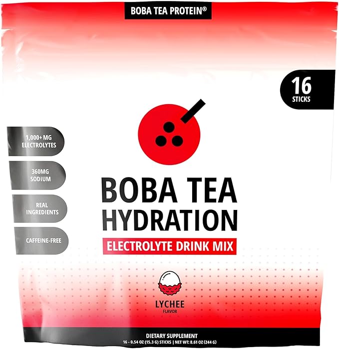 Boba Tea Hydration | Electrolyte Powder Drink Mix | Lychee | 1000mg Electrolytes, Vitamin C | 16 Stick Packets