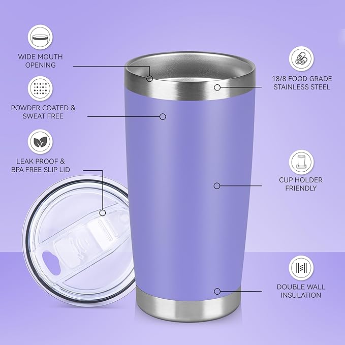 20 oz Tumbler Stainless Steel Tumblers Bulk with Lid Double Wall Insulated Coffee Tumbler Cups for Hot & Cold Drinks Powder Coated Travel Coffee Tumbler Mug Metal (Lavender, 6 pack)