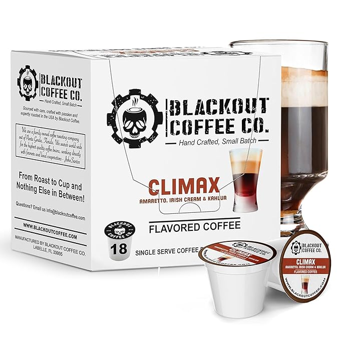 Blackout Coffee Climax Amaretto, Irish Cream & Kahlua Flavored Pods - Freshly Roasted in the USA - K-Cup Compatible Single-Serve Pods (18 Count)