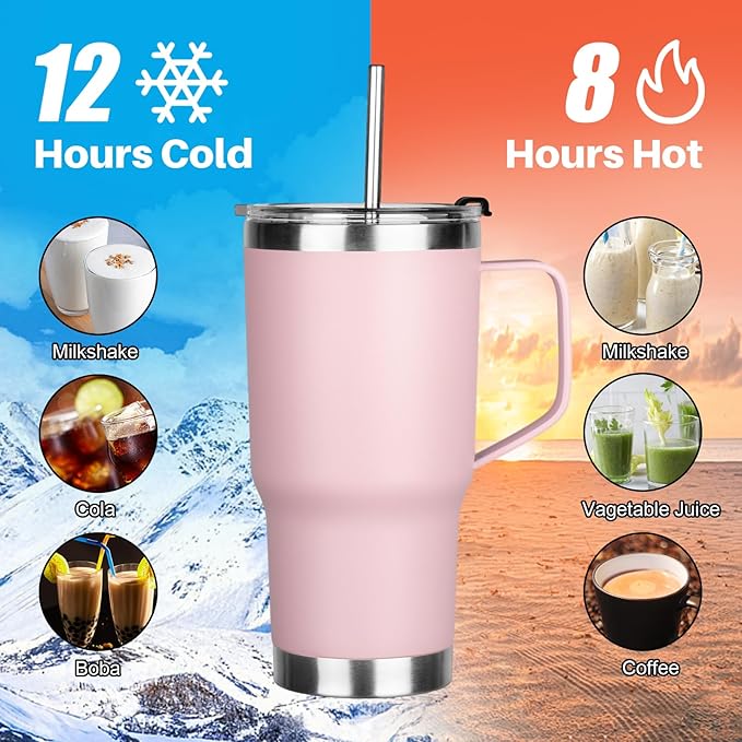 20 oz Tumbler with Handle, Stainless Steel Insulated Tumbler with Lid and Straw, Double Wall Vacuum Coffee Mug Tumbler, Insulated Coffee Thermal Cup for Cold and Hot (Pink)