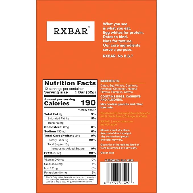 RXBAR Protein Bars, Protein Snack, Snack Bars, Pumpkin Spice, 22oz Box (12 Count)