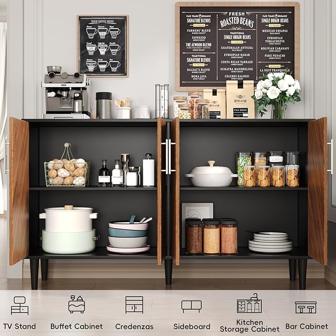 4 EVER WINNER Buffet Cabinet with Storage, 58" Sideboard Cabinet with Adjustable Shelves, Modern Coffee Bar with 4 Doors for Living Room Entryway, Walnut and Black