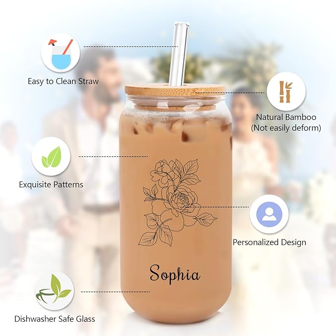 Personalized Tumbler for Women-Can Shaped Glass with Lids and Straws-18OZ Iced Coffee Cups with Lids, Flower Cute Glass Cups, Mothers Day Birthday Gift for Women Her (BirthFlower)