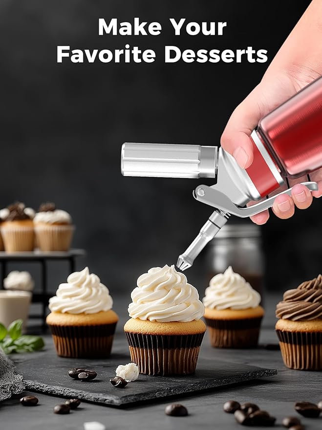 Whipped Cream Dispenser,Aluminum Cream Whipper 500mL/1 Pint,3 Decorating Nozzles,1 Brush, 1 Storage Bag,Homemade Whipped Cream Maker,Red