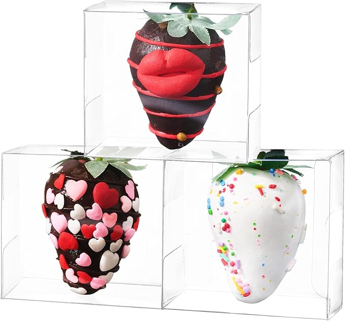 50 Pcs 2.5" X2.2" X2" Clear Single Chocolate Covered Strawberries Box Small Bakery Treat Boxes Macaron Boxes Mini Cinnamon Roll Boxes for 2 Gift Box for Wedding Birthday Christmas Party