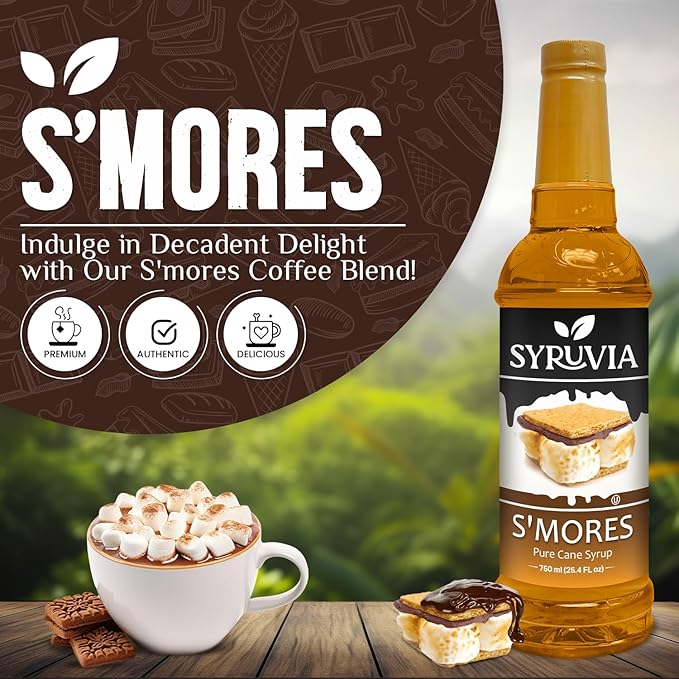 Syruvia Chocolate Chip Cookie Dough & S’mores Coffee Syrup - 25.4 fl oz Premium Coffee Flavoring Syrup. Kosher and Gluten-Free. Perfect for Drinks, Sodas, Shakes, Desserts, & More.