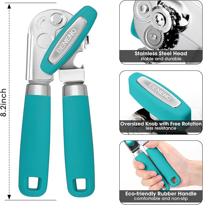Beneno Can Opener Manual with Magnet, Hand Held Heavy Duty Can Opener with Durable Sharp Blade Smooth Edge, Big Effort-Saving Knob, Soft Grip Rubber Handle, Multifunctional Bottle Opener, Turquoise