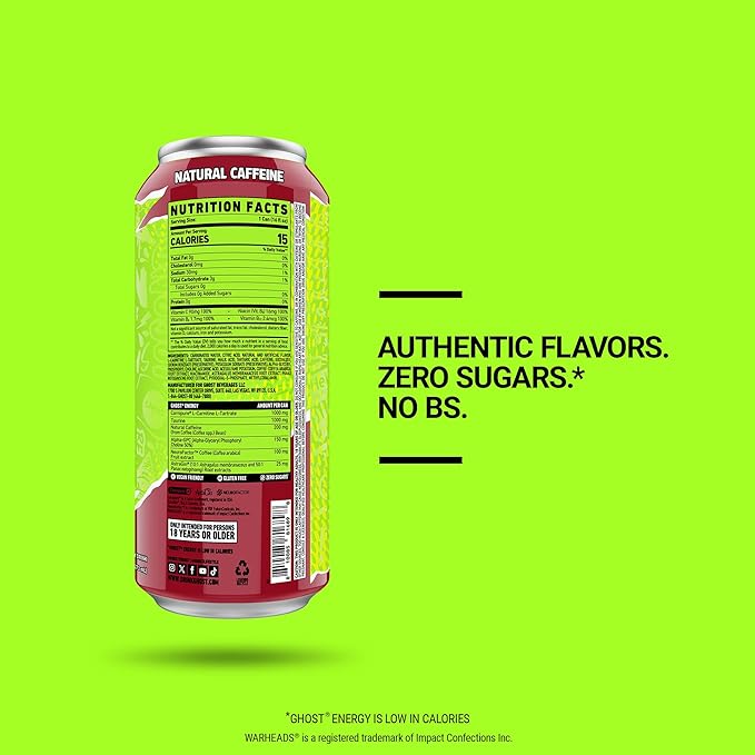 GHOST Energy Drink - 12-Pack, Warheads Sour Black Cherry, 16oz - Energy & Focus & No Artificial Colors - 200mg of Natural Caffeine, L-Carnitine & Taurine - Gluten-Free & Vegan