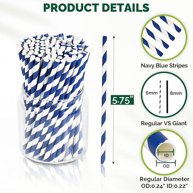 5.75 inch Navy Blue Short Paper Cocktail Straws & Stirrer Sticks 500 Counts - for Bars and Restaurants