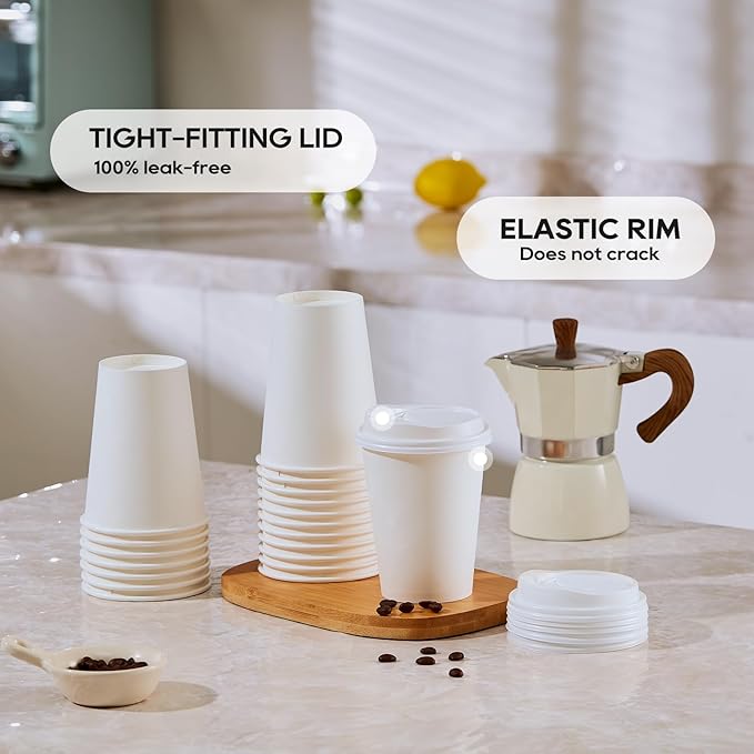 JOLLY PARTY [100 Pack] 12 oz Paper Coffee Cups, Disposable Paper Coffee Cup with Lids, Hot/Cold Beverage Drinking Cup for Water, Juice or Tea, Suitable for Home, Shops and Cafes