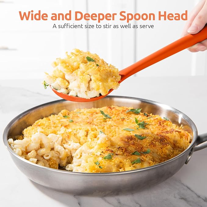 600ºF Heat Resistant Silicone Spoons: U-Taste 13.3in Solid & Slotted Kitchen Cooking Spoon, Nonstick Long Rubber Utensil, Sturdy for Mixing, Serving, Stirring, Frying, Draining (Orange, 2PCS)
