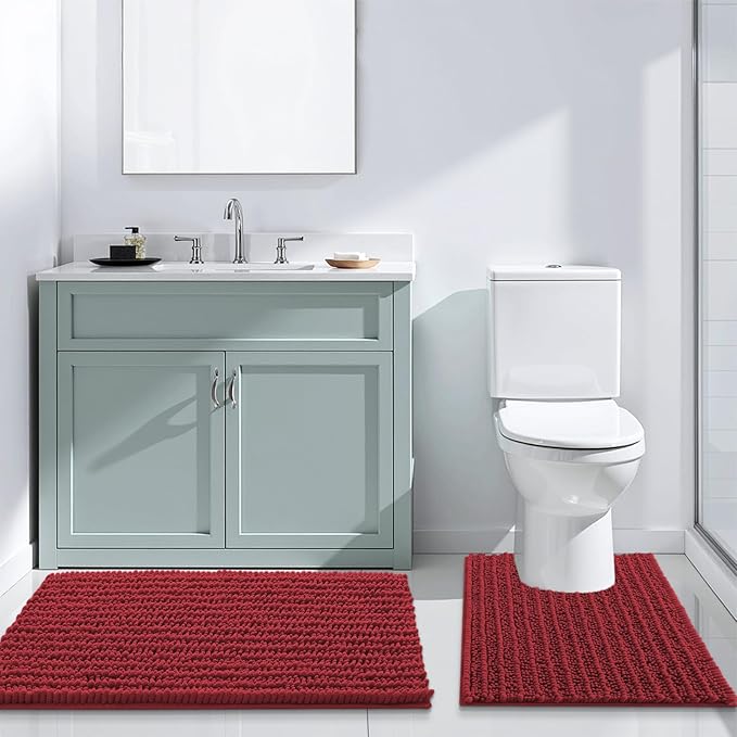 Arotive Luxury Chenille Bathroom Rug Mat, Extra Soft Thick Absorbent Shaggy Bath Rugs, Non-Slip Machine Wash Dry, Plush Bath Mats for Bathroom, Shower and Tub, 60x24, Red