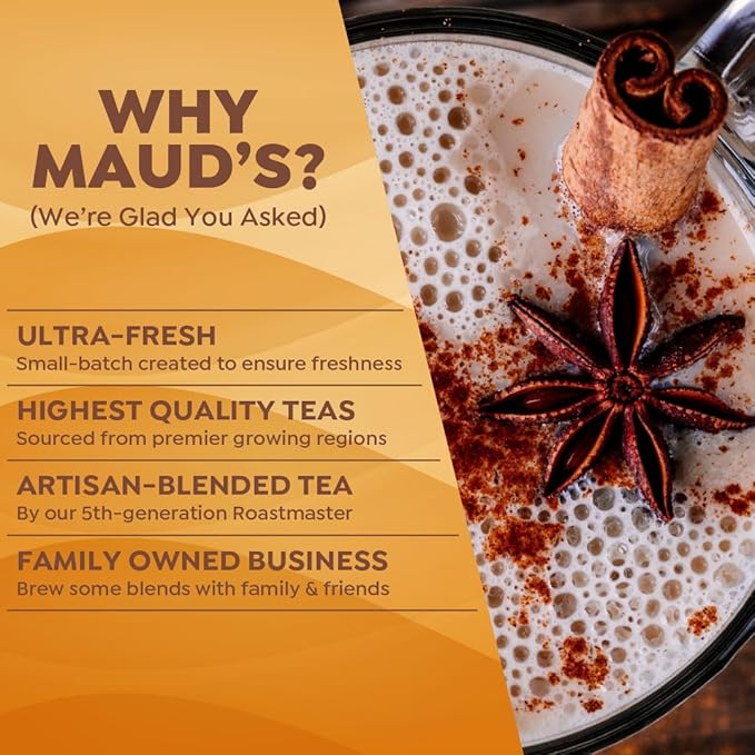 Maud's Spiced Chai Tea Latte, 36 ct, Recyclable Single Serve Tea Pods - 100% Gourmet Blended Tea Leaves, Compatible with Keurig K Cups Maker