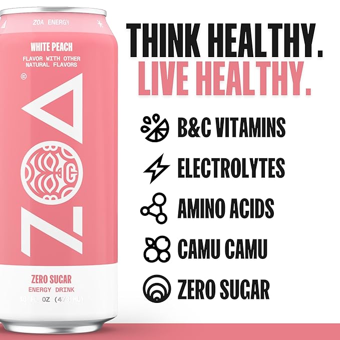 ZOA Zero Sugar Energy Drinks, White Peach - Sugar Free with Electrolytes, Healthy Vitamin C, Amino Acids, Essential B-Vitamins, and Caffeine from Green Tea - 16 Fl Oz (12-Pack)