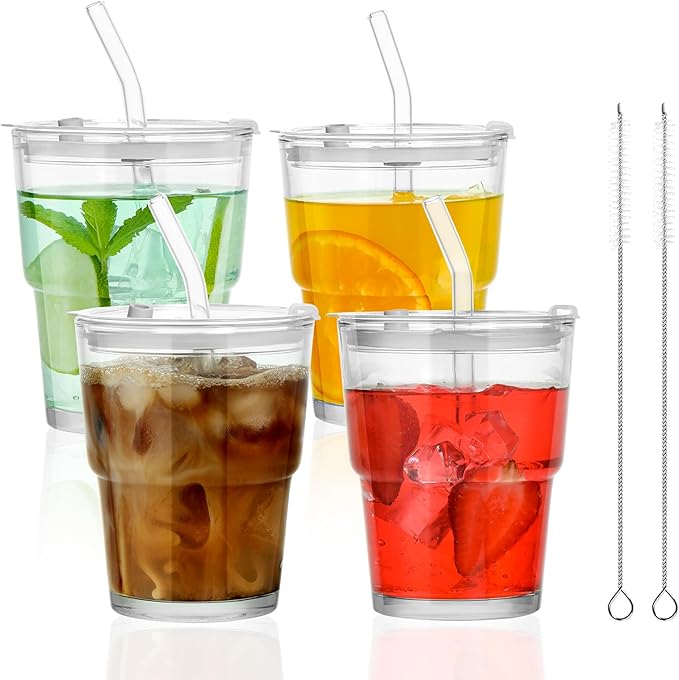 4 Pack 13 Oz Glass Cups with Lids and Straws Glass Iced Coffee Cups with Lids Vintage Glass Tumbler for Beer Ice Coffee Fruit Juice Elegant Aesthetic Cup Glassware Include 1 Cleaning Brushes