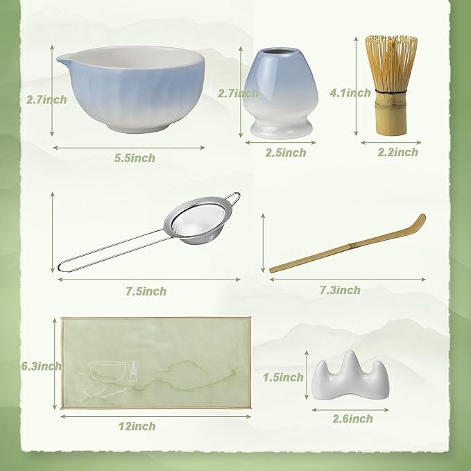 7-Pcs Matcha Whisk Set - Ceramic Matcha Set Includes Bowl,Whisk,Holder,Bamboo Scoop,Scoop Rest,Sifter & Tea Towel – Japanese Traditional Tea Kit for Beginners & Tea Lovers (Gradient Blue)