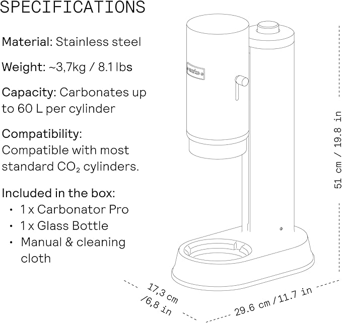Aarke Carbonator Pro, Sparkling & Carbonation Water Machine, Stainless Steel with Glass Reusable Bottle Volume 800 mL/27 fl oz (Matte Black)