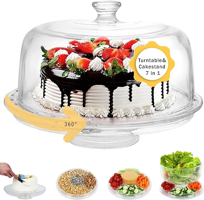 7 in 1 Multifunctional Acrylic Cake Stand with Lid & Cake Turntable for Decorating (12") - Turntable Decorating Kit Serving Salad Bowl/Veggie Platter/Punch Bowl/Desert Platter/Chips & Dip - BPA Free