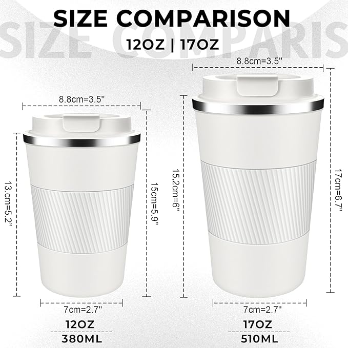 Insulated Coffee Tumbler 12 oz, Stainless Steel Coffee Mug with Lids, Travel Coffee Mug Leak Proof, Double Wall Vacuum Insulated Reusable Coffee Cup, Keep Drinks Hot and Cold (White, 12 Ounces)