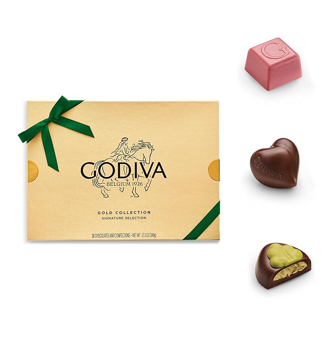 Godiva Green Bow Gold Assorted Chocolate Gift Box, Belgian Dark and Milk Chocolates with Pralinés, Ganaches & Caramels, Gourmet Holiday Gift, Non-GMO & Kosher, 30 Pc