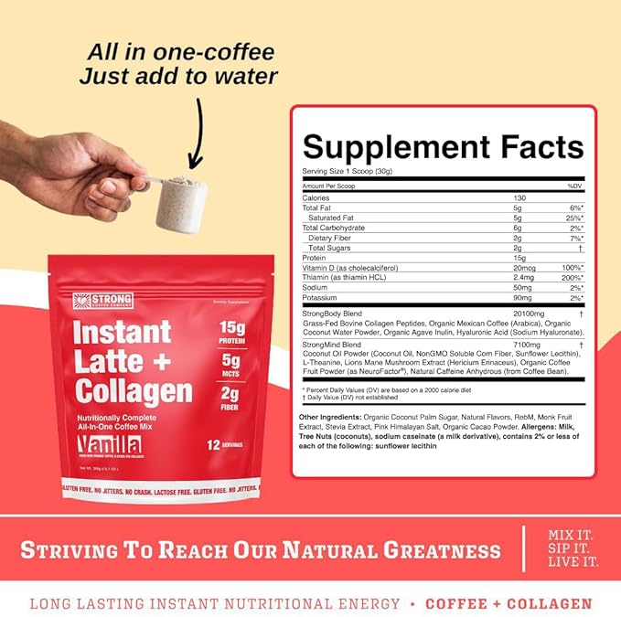 STRONG COFFEE COMPANY Instant Vanilla Latte – 15g Protein Coffee with Collagen, MCT Powder, L-Theanine & Adaptogens, Nootropic Energy, No Crash, No Jitters (12 Servings)