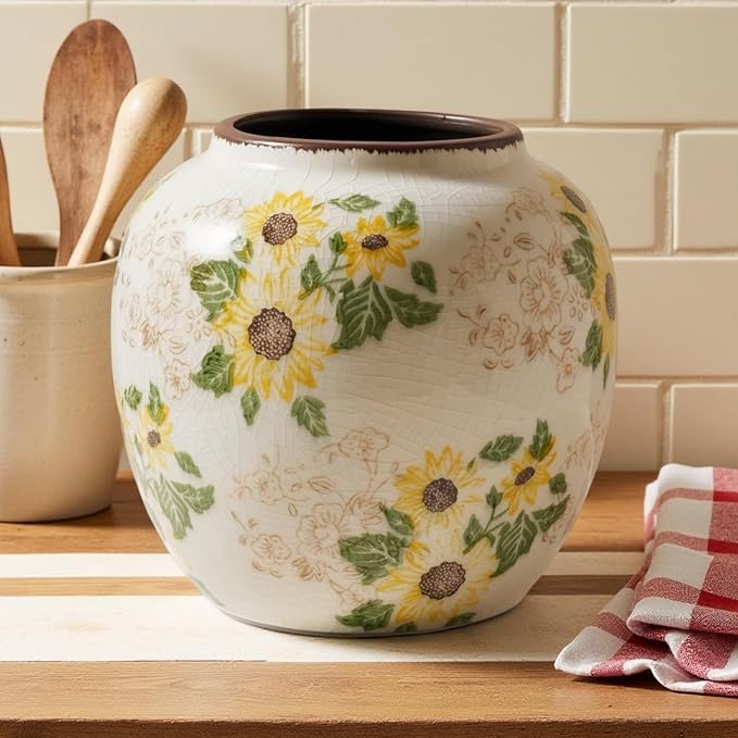 Round Pastoral Ceramic Vase, 6.3 Inch Chinoiserie Sunflower Yellow Floral Vases, Retro Ice Cracked Rustic Antique Flower Vases for Rustic Living Room Home Decor (Large Round)