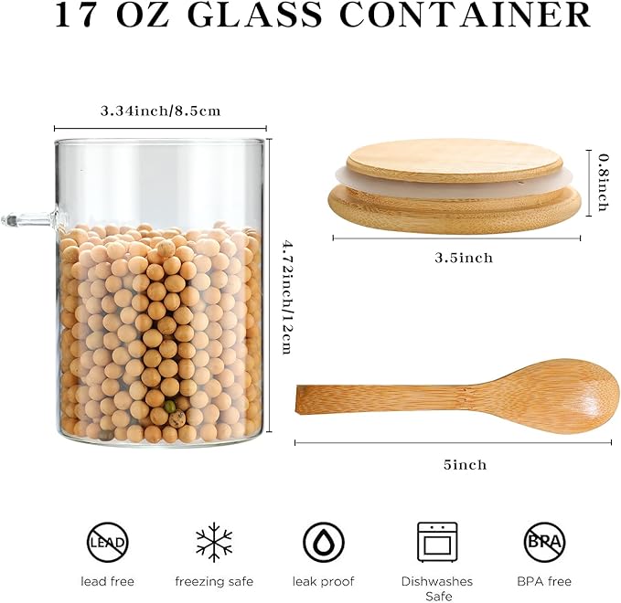 6 Pack Glass Jars with Bamboo Lids and Spoons for Loose Leaf Tea Storage, 17 OZ Glass Overnight Oat Container with Lid and Scoop, Glass Canister Set as Tea Container for Loose Leaf Tea Holder