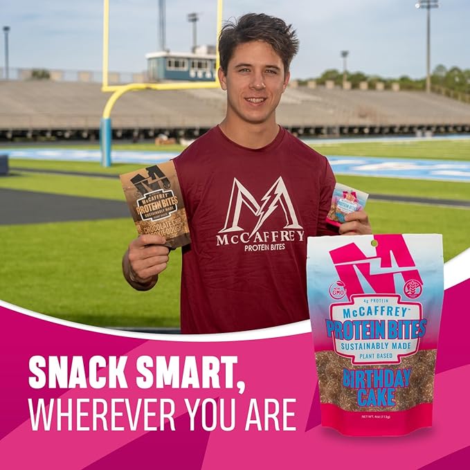 McCaffrey Protein Bites – Birthday Cake Flavor – 6 Multi-Serving 4oz Bags – 4g of Protein per Serving – Gluten-Free, Vegan, High Fiber Energy Snack for Active Families