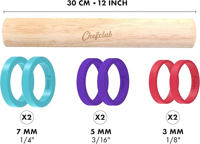 Adjustable Wooden Rolling Pin - 3 Removable Silicone Rings - Perfect for Baking & Pastry, Pizza, Pie, Cookie Dough - Precision Baking Tool for Kids