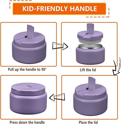 13.5oz Kids Thermos for Hot Food, Insulated Vacuum Food Jar with Buckle Lid, Stainless Steel Wide Mouth Leak Proof Insulated Lunch Container for School Picnic Travel,Purple