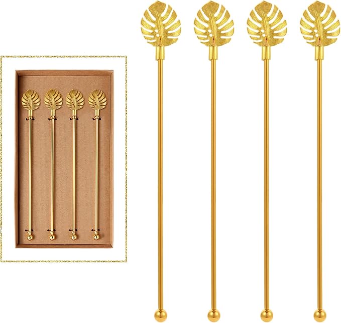 Stainless Steel Coffee Beverage Stirrers Stir Cocktail Drink Swizzle Stick with Palm leaf Metal Top,4PCS GOLD stirrer